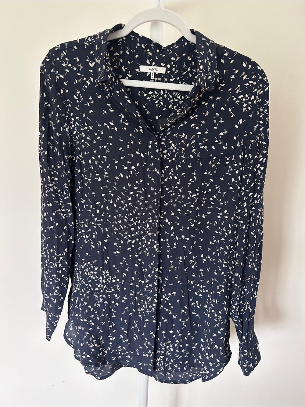 Ganni Navy Button-Down Shirt with White Floral Dot Print